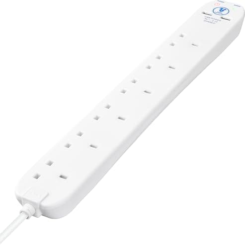 Image of Masterplug Six Socket Surge Protected Extension Lead with 2 USB Ports, 2 Metres, White