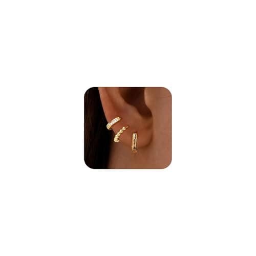Image of Turandoss Small Gold Hoop Earrings for Women Teen Girls- 14K Gold Plated Beaded Hoops Earrings Hypoallergenic Huggie Cubic Zirconia Earring Stack, Dainty Hoops Earring Set for Multiple Piercing