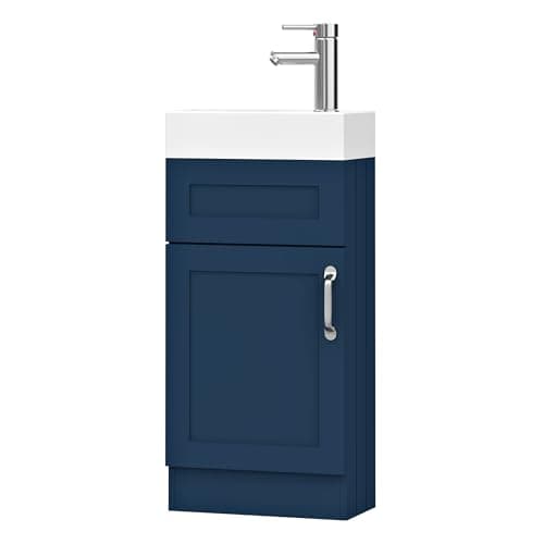 Image of BELOFAY 400mm Floor Standing Bathroom Vanity Unit With Basin - Slim Waterproof Laquered Cloakroom Vanity Unit with 1 Tap Hole Ceramic Basin & Waste | Reversible Tap Fitting (Crawley Blue)