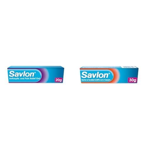 Image of Savlon Burns & Scalds 0.25% w/w Cream (1 x 30g), Savlon Antiseptic & Pain Relief Gel,Contains Anaesthetic to Numb Pain & Antiseptic to Help Prevent Infection (1 x20g), (2 Pack)