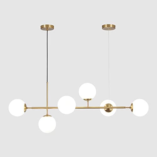 Image of KCO Lighting 6 Light Milk Glass Chandeliers Modern Globe Linear Chandelier White and Gold Pendant Light Fixture Mid Century Rectangle Chandelier Brass Sputnik Island Lights for Kitchen