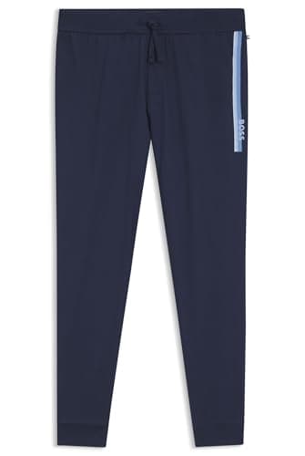 Image of BOSS Mens Authentic Pants Cotton-Terry Tracksuit Bottoms with Logo and Stripe Dark Blue