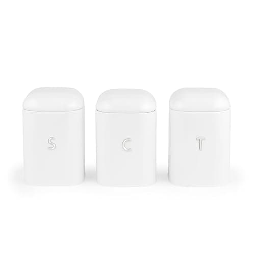 Image of Salter Boston 3-Piece Canister Set – Tea, Coffee, Sugar Tins, Embossed Lettering, Durable Steel, Long-Lasting Freshness, Stylish Kitchen Food Storage Tins, Easy-Open Lids, Ice White Shimmer Finish
