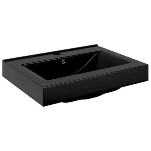 Image of vidaXL Rectangular Ceramic Basin - High Gloss Black Finish - with Faucet Hole - Stylish Bathroom and Washroom Addition - Easy to Clean - Versatile Installation Options