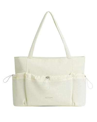 Image of DEFAHN Organised Work Tote Bag for Women with 15.6 Inch Laptop Compartment, Large Multi Pocket Tote Bag with Zip, Teacher Nurse Office Shoulder Bag for Travel Daily Use (Beige)