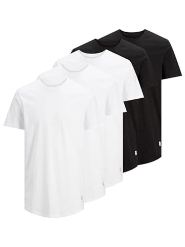 Image of JACK & JONES Men’s Cotton T-Shirt – 5-Pack (3 White, 2 Black) Classic Short Sleeve Crew Neck – Soft & Breathable Jersey Fabric with Curved Hem – Long Line Fit Tees – Ideal for Everyday Wear (Size-XL)