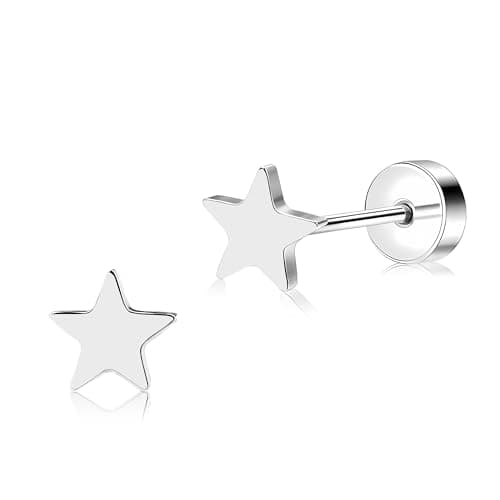 Image of Artskin Women Flat Back Stud Earrings Titanium Hypoallergenic Girls Earrings Studs for Sensitive Ears Simple Classic 5mm Flat Stud Earrings for Cartilage (Star - Silver)