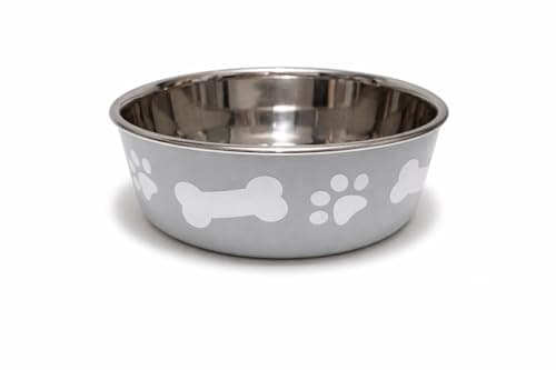 Image of Pet Guru Non-Slip Stainless Steel Dog Bowl, Paw and Bone Design, Food & Water Safe, Available in Small, Medium and Large For Dogs & Puppies (Grey, Medium)