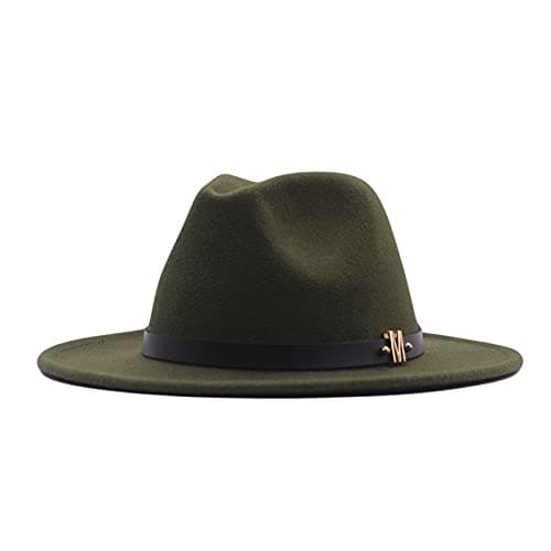 Image of Wool Hat Wide Belt Womens Buckle Classic Fedora Hat Panama Floppy Baseball Caps (Army Green, One Size)