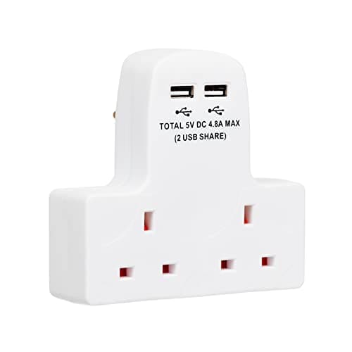 Image of Invero 2 Way Gang Cable-Free Multi-Plug 13A Wall Socket Adaptor with 2x USB Charging Ports 4.8A - White