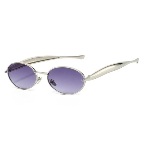 Image of YAMEIZE Stylish Metal Oval Sunglasses for - Women Men Metal Frame Round Shade UV400 Protection Driving Outdoor (Silver Gradient Grey)