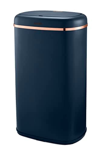 Image of TOWER Cavaletto Square 58L Sensor Bin in Midnight Blue with Stylish Rose Gold Accents around the lid. Kitchen / Household Bin with Automatic Lid, T838010MNB