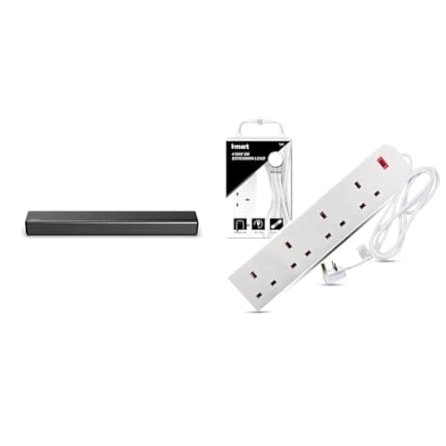 Image of Hisense HS214 2.1Ch All- In-One 108W Soundbar with Built-In Subwoofer, Black, Compact Design, AUX & Heavy Duty Extension Lead UK Pin Plug and Cable, 4 Gang Way 2m Power Adapter