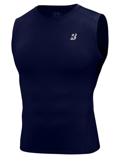 Image of Roadbox Men's Compression Vest Sleeveless Base Layer, Reflective Mesh Back Running Top for Gym Football Rugby - Cool Dry Moisture Wicking Athletic Undershirt Navy Blue