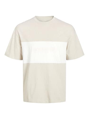 Image of JACK & JONES Mens Crew Neck Short Sleeve T-Shirt, Casual Cotton Tee Top for Everyday Wear, Comfortable Regular Fit T-Shirt for Men, Moonbeam Colour, UK Size - L