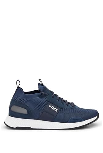 Image of BOSS Mens Titanium Runn TTNM EVO Suede-Trim Trainers in a Sock Style Size 6 Dark Blue