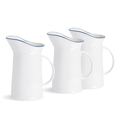 Image of Nicola Spring Farmhouse 1 Litre Water Jugs - Pack of 3 White & Blue Porcelain Rustic Country Cottage Pitcher with Rolled Rims, Comfort Handle & Tapered Spout