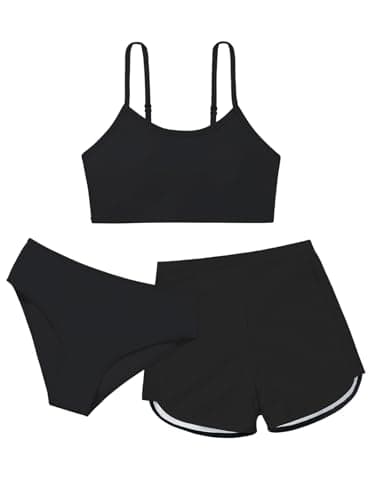 Image of Girl's Swimsuits with Shorts Bikini Set Girls 3 Piece Bathing Suit with Cover Up Beach Swimming Shorts for Teen Junior Two Pieces Swimsuit Swim Suit Size 9 10 11 12 13 14 15 16 Years Black