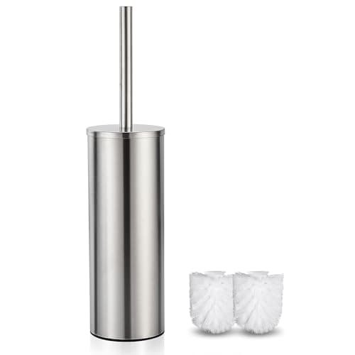 Image of FIISAYL Toilet Brush and Holder Set Stainless Steel, Freestanding with Replacement Heads, extended Handle and Cap, Brushed Silver