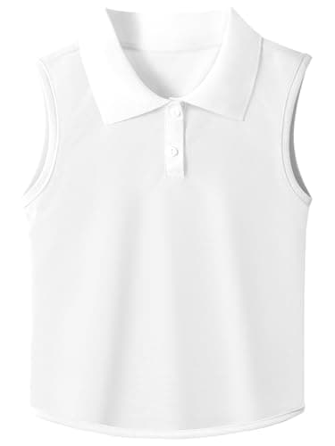 Image of GroYolan Girls Polo Shirt Sleeveless Golf Shirts Contrast Collared Button-Up Tennis T-Shirts Quick Dry Breathable Tank Tops White
