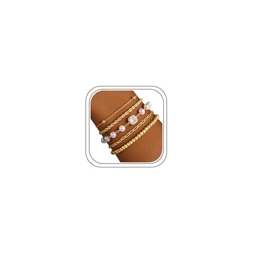 Image of TINGN Gold Tone Bracelets for Women 14K Gold Plated Layered Bracelets Dainty Pearl Bracelet CZ & Pearl Stack Bracelet Set Jewellery Gifts for Women Teen Girls