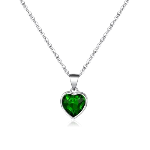 Image of Heart Pendant Necklace for Women, Green Emerald Crystal, Silver Plated Chain, May Birthstone