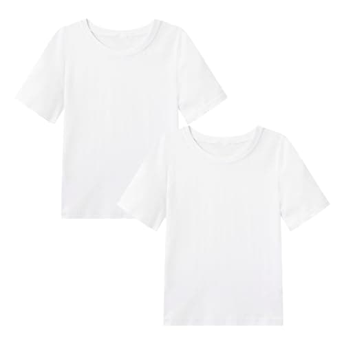 Image of WinZero Kid's Cotton T-Shirt Crew Neck Girls Boys T Shirts Summer Short School Tee Tops for Children 5-13 Years 2 Pack A-White