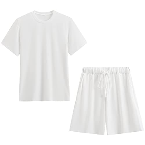 Image of amropi Men's Summer Sports Tracksuit Sets Short Sleeve T-Shirt and Shorts Set White, XL
