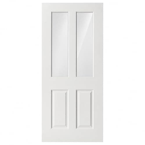 Image of Wickes Internal Door, Clear Glass, White Primed Smooth 2 Panel 2 Clear Light, Hollow Core Construction, Primed White, Ready for Final Paining, 762 x 1981mm (30"x78") with 35mm Thickness