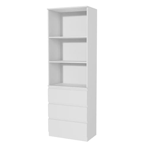 Image of Nera Tall Wooden Bookcase with Shelving and Drawers Standing Shelf for Office Living Room Storage Organiser (White)