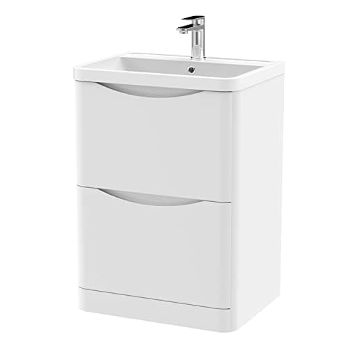 Image of nuie LUN101 Lunar Modern Bathroom Floor Standing 2 Drawer Vanity Basin Unit with Polymarble Basin, 600mm, Satin White