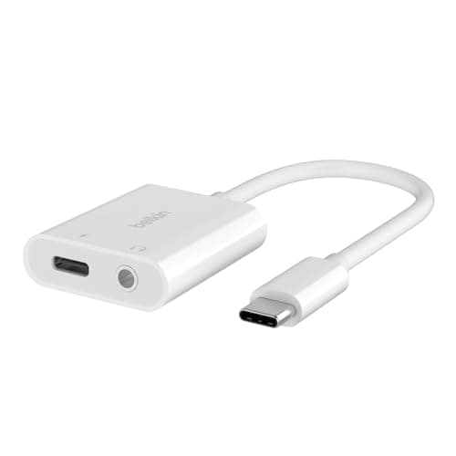 Image of Belkin RockStar™ 3.5mm Audio + USB-C® Charge Adapter, Headphone Adapter w/USB-C 60W Power Delivery Fast Charging for iPhone 15, iPad Pro, Galaxy, Note, Google Pixel, LG, Sony Xperia & More - White