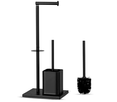 Image of Free-Standing Stainless Steel Toilet Paper Roll Holder Stand with Brush & Holder Toilet Paper Extra Rolls Holder, Matte Black Toilet Brush with Roll Holder Bathroom Accessories