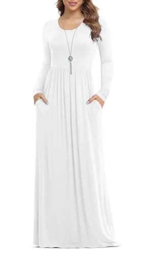 Image of Anelune Dresses for Women Long Sleeve Loose Plain Plus Size Maxi Dresses Casual Long Dresses with Pockets White Medium