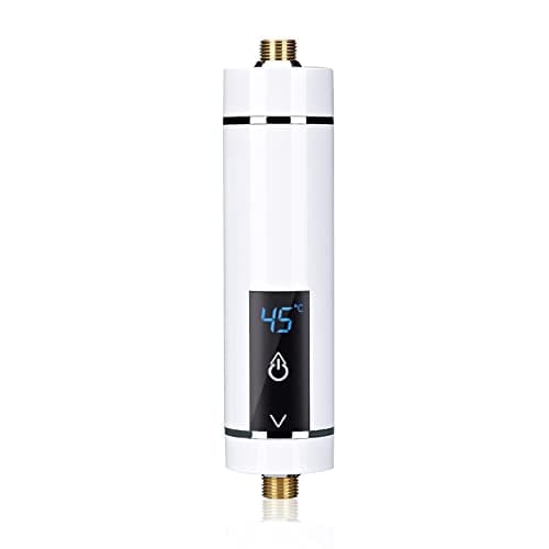 Image of CJHZQYY Instant Electric Water Heater, 3500W Mini Instantaneous Water Heater Without Tank Intelligent Instantaneous Water Heater Heater with Temperature Display for Bathroom Kitchen, UK Plug (White)