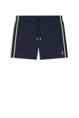 Image of BOSS Mens Iconic Recycled-Material Swim Shorts with Logo and Signature Stripe