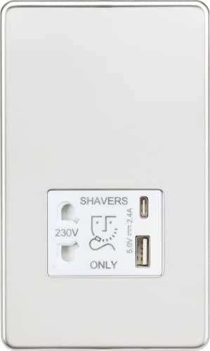 Image of Knightsbridge Screwless Shaver Socket with Dual USB A+C (5V DC 2.4A Shared) - Polished Chrome with White Insert