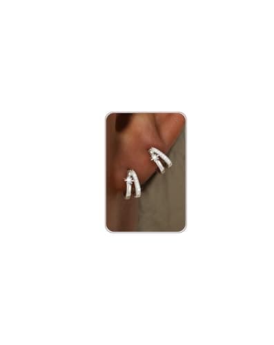 Image of HANLI Silver Huggie Hoop Earrings for Women Trendy Hypoallergenic Cubic Zirconia Dainty Double Hoops Star CZ Earring Fashion Jewellery