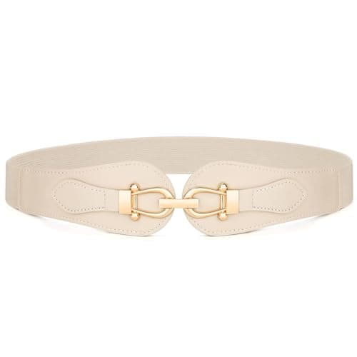 Image of VONMELLI Wide Elastic Belts for Women, Stretch Ladies Waist Belt with Fashion Gold Buckle for Dresses Beige L