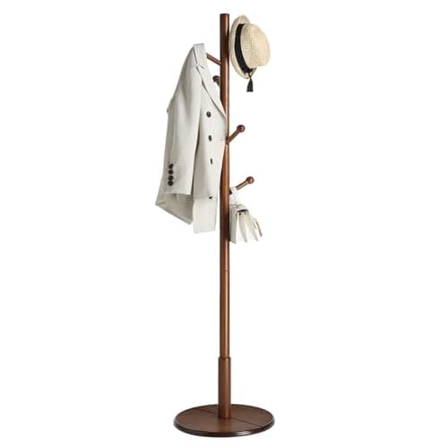 Image of VASAGLE Solid Wood Coat Rack, Free Standing Hall Coat Tree with 7 Hooks, 3 Height Options, for Coats, Hats, Bags, Purses, for Entryway, Hallway, Rubberwood Hooks and Pole, Dark Walnut URCR07WN