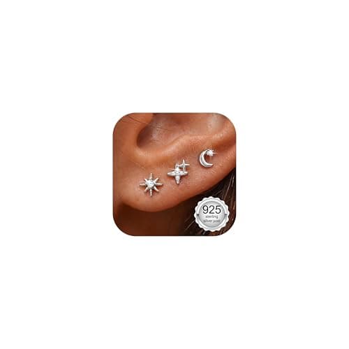 Image of Finrezio Flat Back Earrings Sterling Silver Helix Piercing Jewellery Hypoallergenic Small CZ Sun Moon and Star Earring Cartilage Helix Tragus 925 Silver Stud Earrings Gifts for Women Teenage Girls