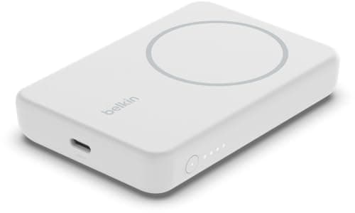 Image of Belkin 5000mAh Magnetic Wireless Power Bank, Portable Charger Compatible with MagSafe, Battery Pack with 7.5W Output, 10W Input and Kickstand, Compatible with iPhone 16, 15, 14, 13, 12 Series - White