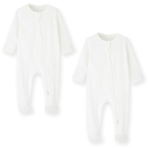 Image of BINUDUCKLING Baby Boys Girls Two-Way Zip Sleepsuit, Baby Footed Pajamas with Mitten Cuffs - Cotton Baby Onesies Long Sleeve Zip Up Baby Grows 6-9 Months, White&2pack