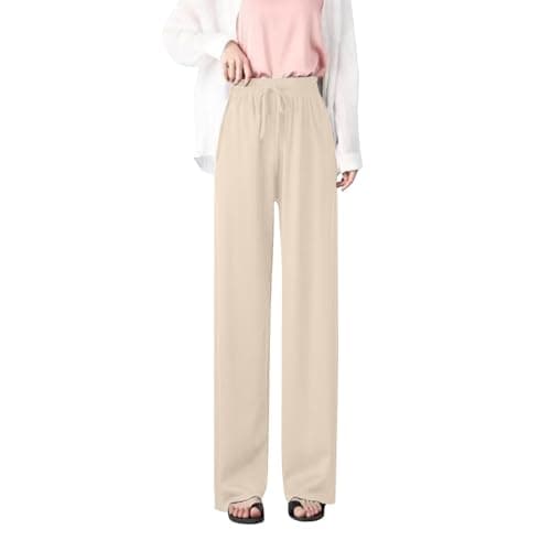 Image of NSICBMNO Beige Wide Leg Joggers for Women UK Loose Summer Trousers High Waisted Trousers Boho Harem Pants Drawstring Sweatpants with Pockets Jogging Bottoms Travel Pants for Workout Gym Hiking