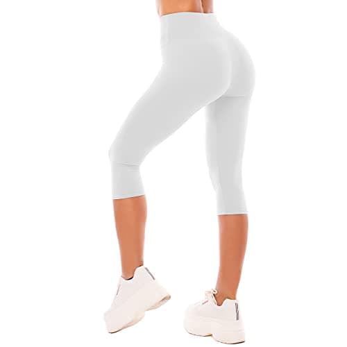 Image of SINOPHANT High Waisted Capri 3/4 Length Leggings for Women, Buttery Soft Elastic Opaque Tummy Control Leggings, Cropped Trousers for Workout Gym Yoga(White, S-M)