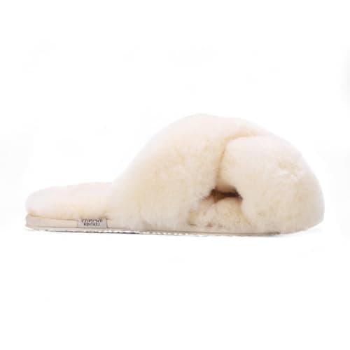 Image of Infinity Leather Women’s Sheepskin Slippers – Snowbelle Warm Fur Crossover Slip-On House Shoes, Genuine Sheepskin Indoor Sliders, Cozy Winter Comfort Footwear