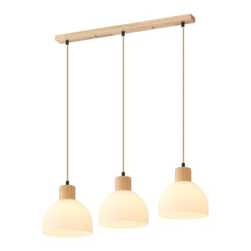 Image of Schindora Kitchen Lights Ceiling 3 Lights,Wood and White Glass Pendant Light E27 Height Adjustable Hanging Lamps for Living Dining Bedroom Breakfast