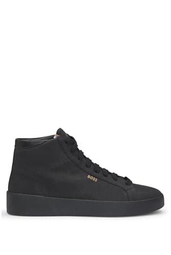 Image of BOSS Mens Belwar Hito Logo-detail high-top trainers in tumbled leather Size 7