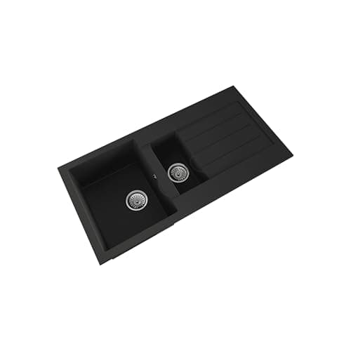 Image of Balterley Composite Kitchen Sink with Drainer & Overflow Hole, 100cm Bowl Inset Black Kitchen Sink, 1.5 Double Bowl Reversible Sinks with Grooved Drainer - 1000 x 500 x 200mm (Dark Grey)