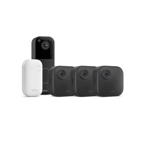 Image of Blink Outdoor 4 Camera + £0 Blink Video Doorbell (Black)| Wireless HD smart security camera, two-year battery life, enhanced motion detection| 3 camera system with Sync Module Core incl.| IP65